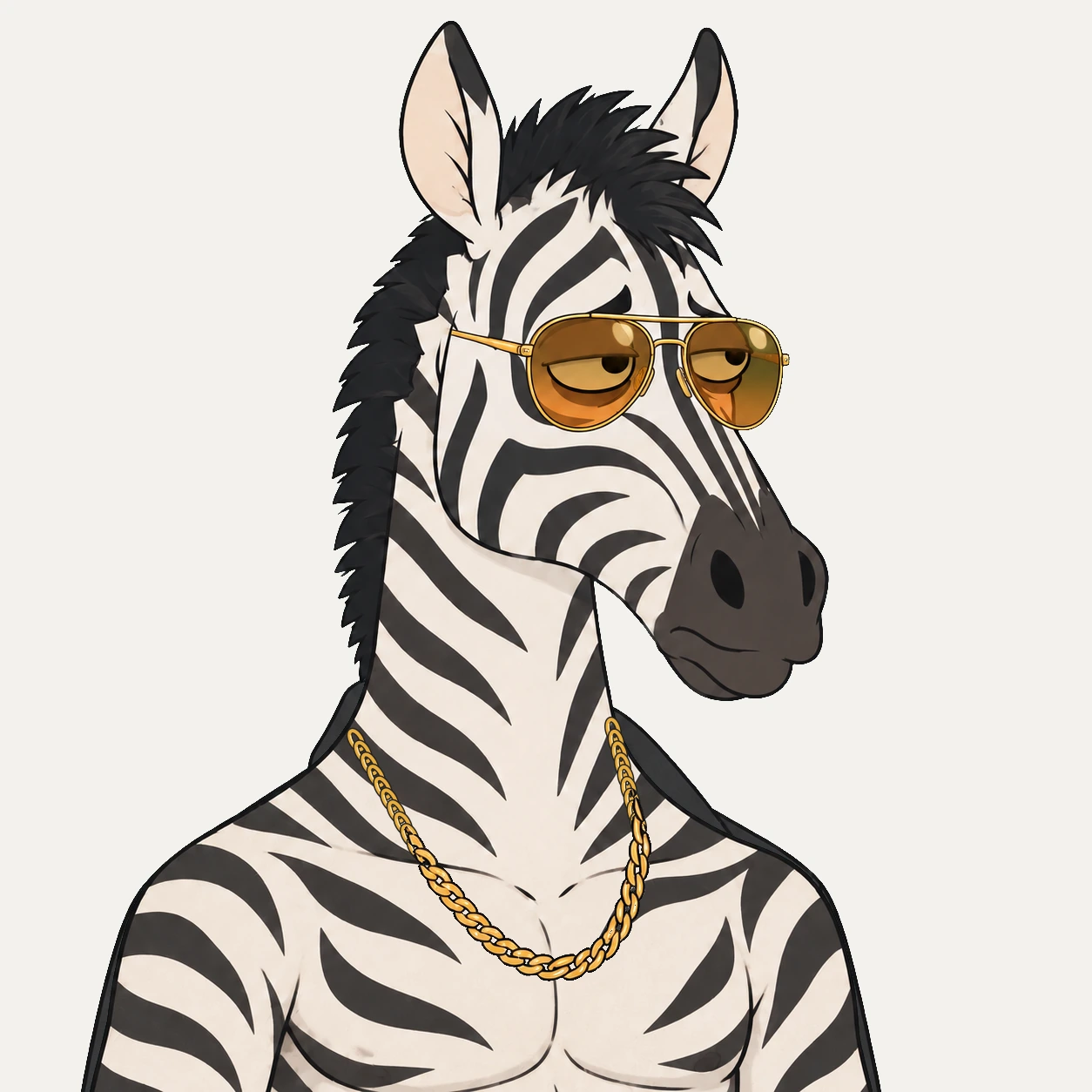 ZEAL zebra in Public mode wearing gold aviator glasses and a gold chain