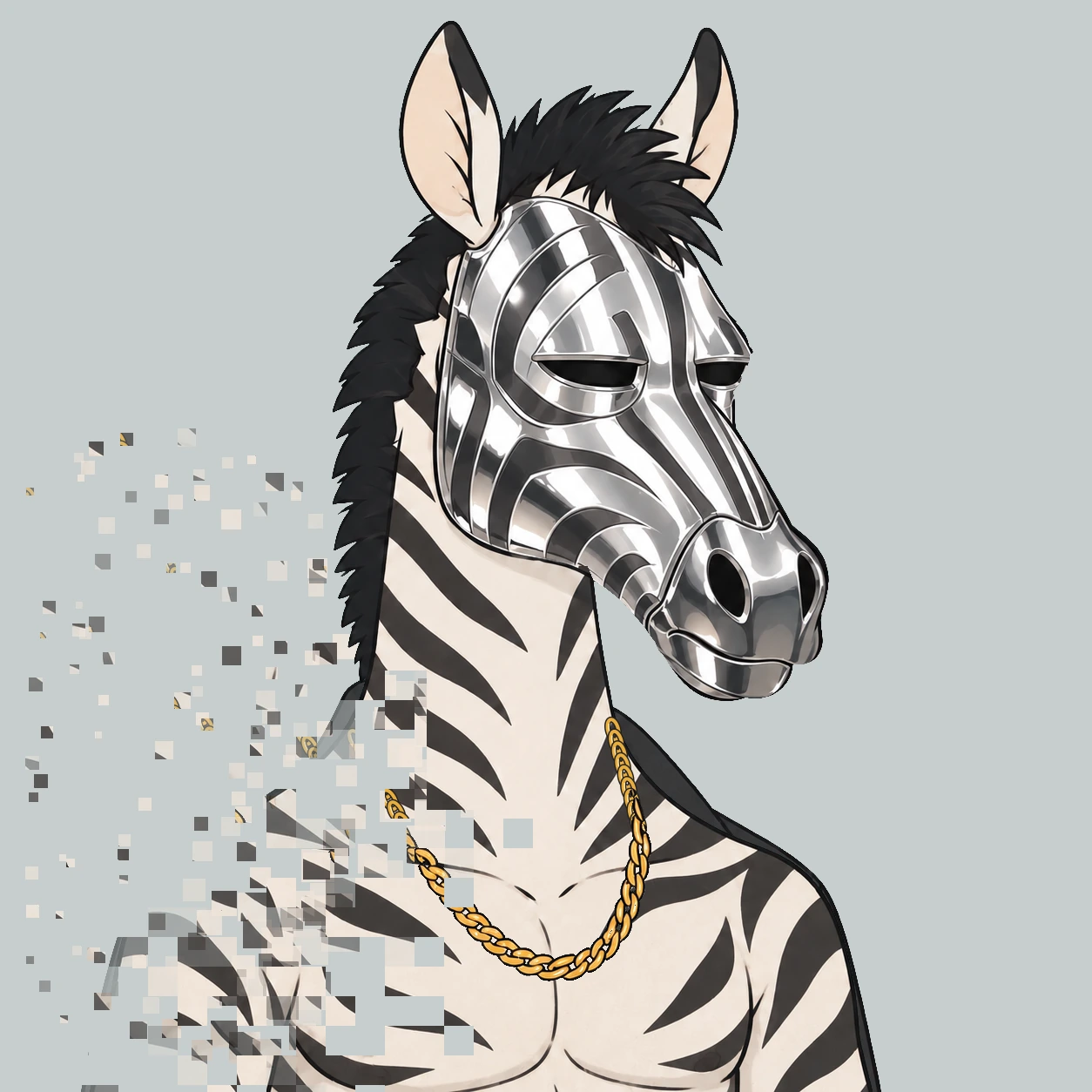 The same ZEAL zebra in Shielded mode wearing a chrome mask and dematerializing into pixels